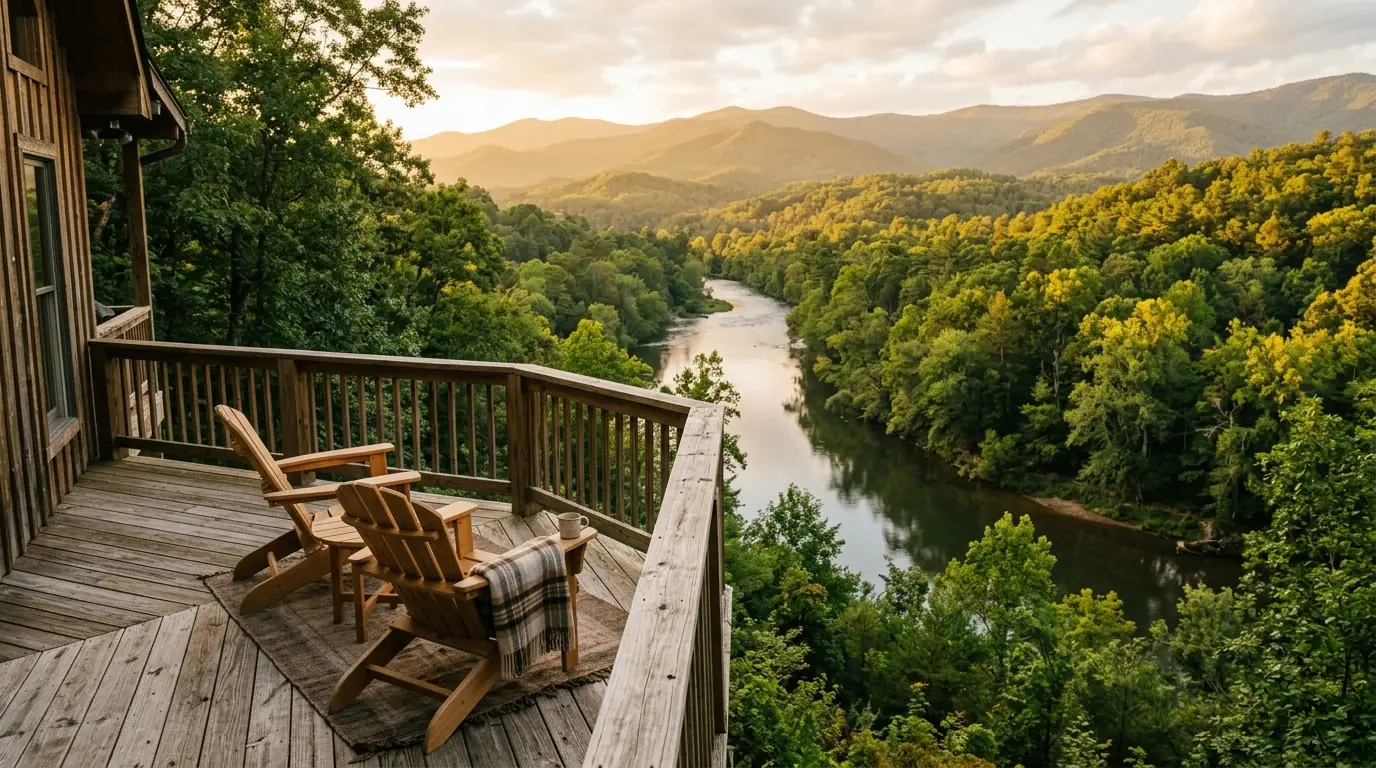 A wooden residential deck with Adirondack chairs overlooking a calm, tree-lined river running through a lush mountain landscape