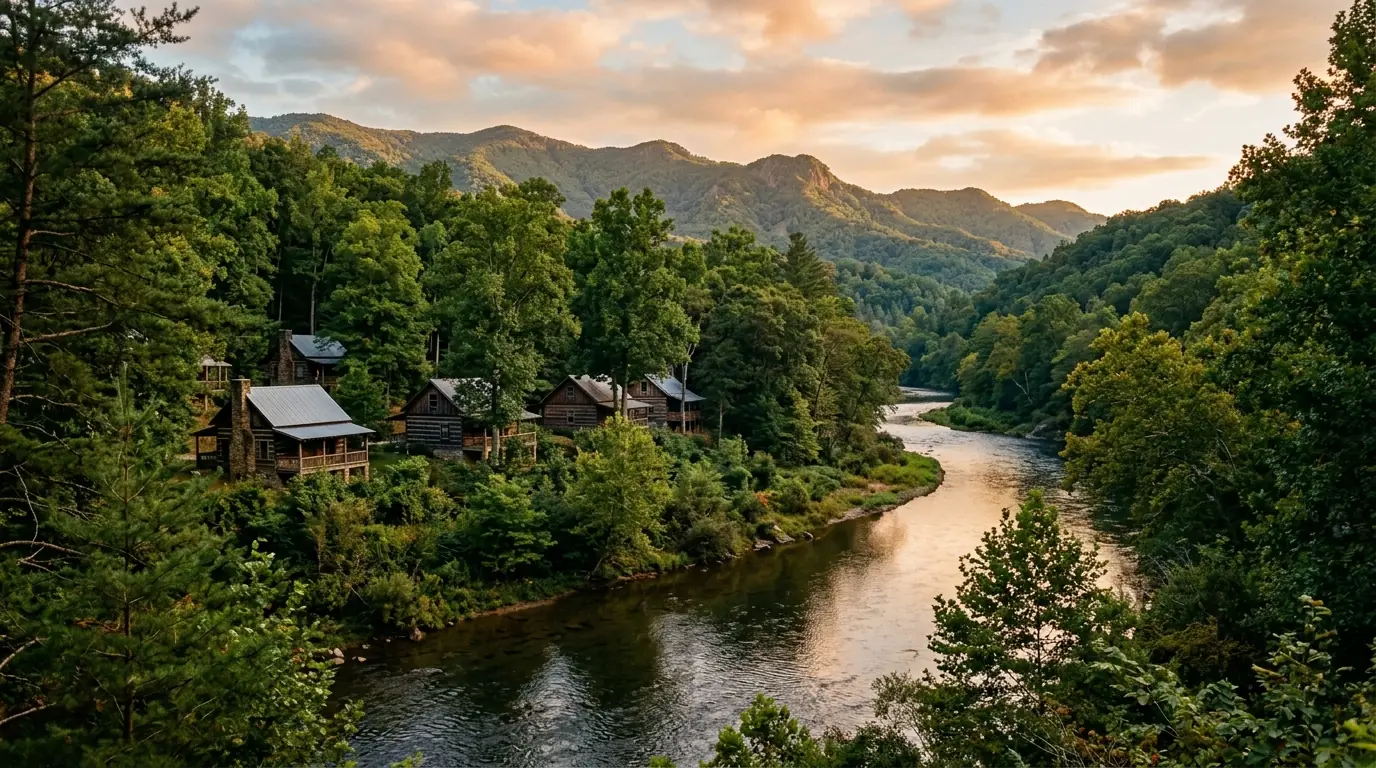 Rustic wooden cabins nestled in a dense green forest overlook a gentle, winding river from a quiet, tree-lined bank