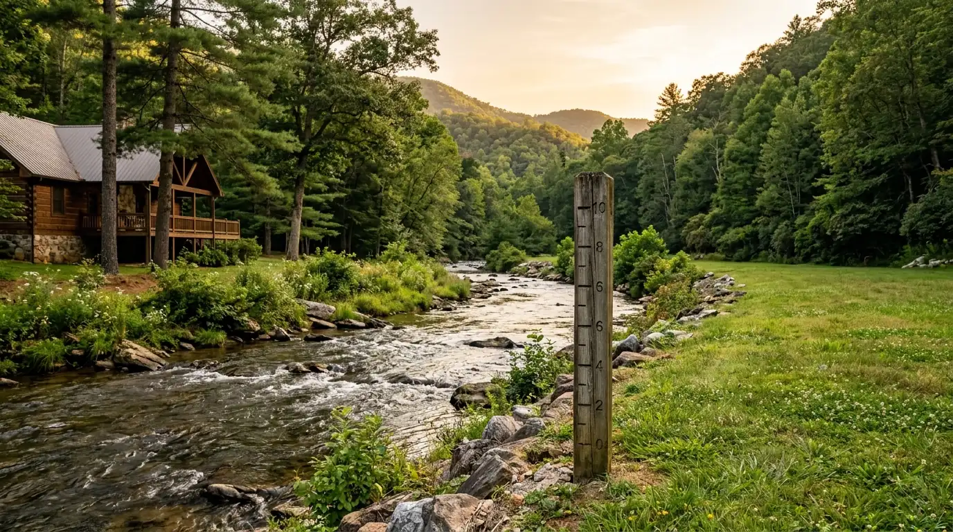 A winding mountain river flowing closely alongside a grassy backyard, with a wooden flood-measuring gauge planted near the riverbank