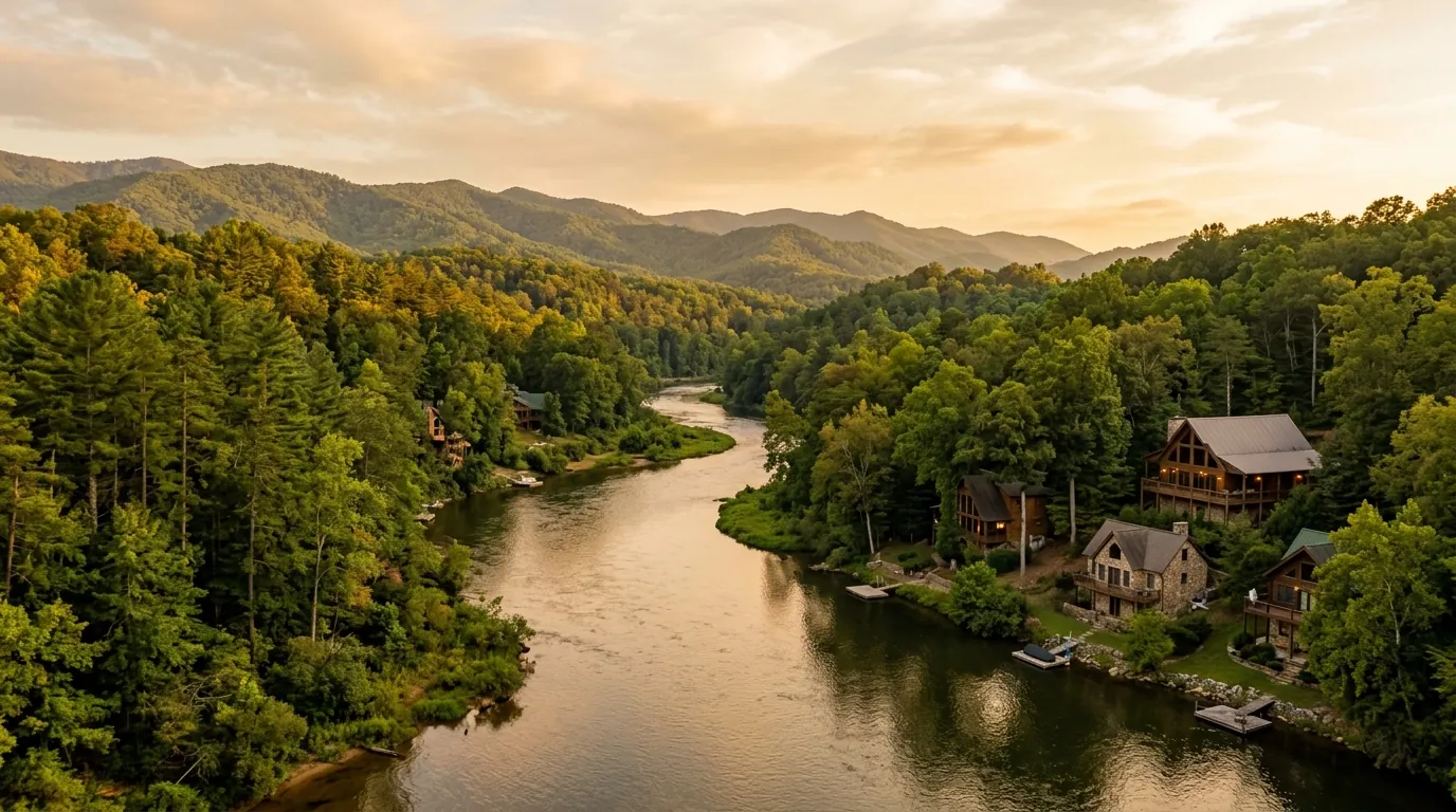 A calm river winds through a lush, forested valley, with cozy residential homes peeking through trees along the shoreline