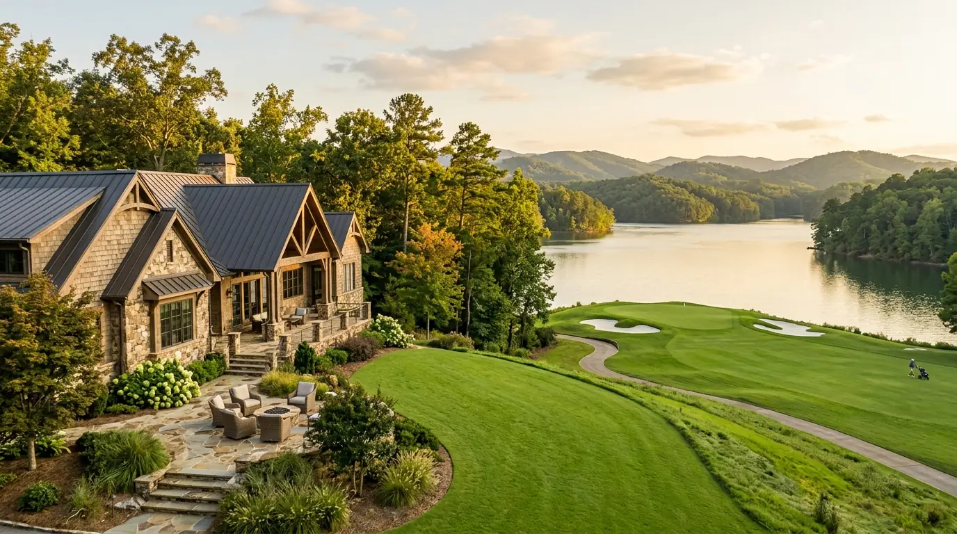 An elegant stone-accented house with a pristine lawn, overlooking a serene lake and golf course green bathed in warm afternoon sunlight