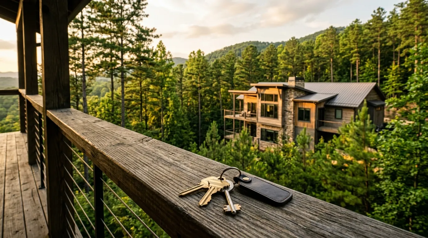 Sunlit house keys rest on a wooden porch railing overlooking a modern residential home nestled among tall, lush pine trees