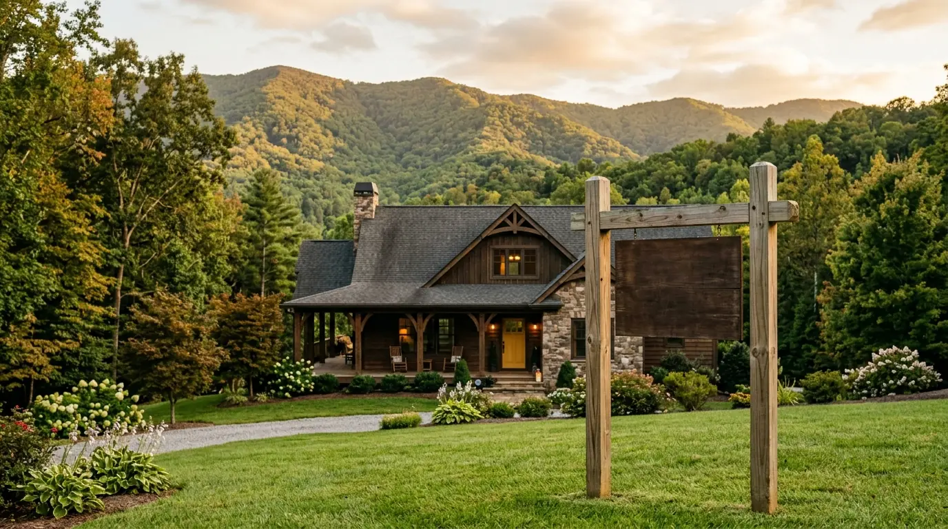 A blank wooden real estate sign stands on a manicured lawn in front of a craftsman house, framed by lush, tree-covered hills