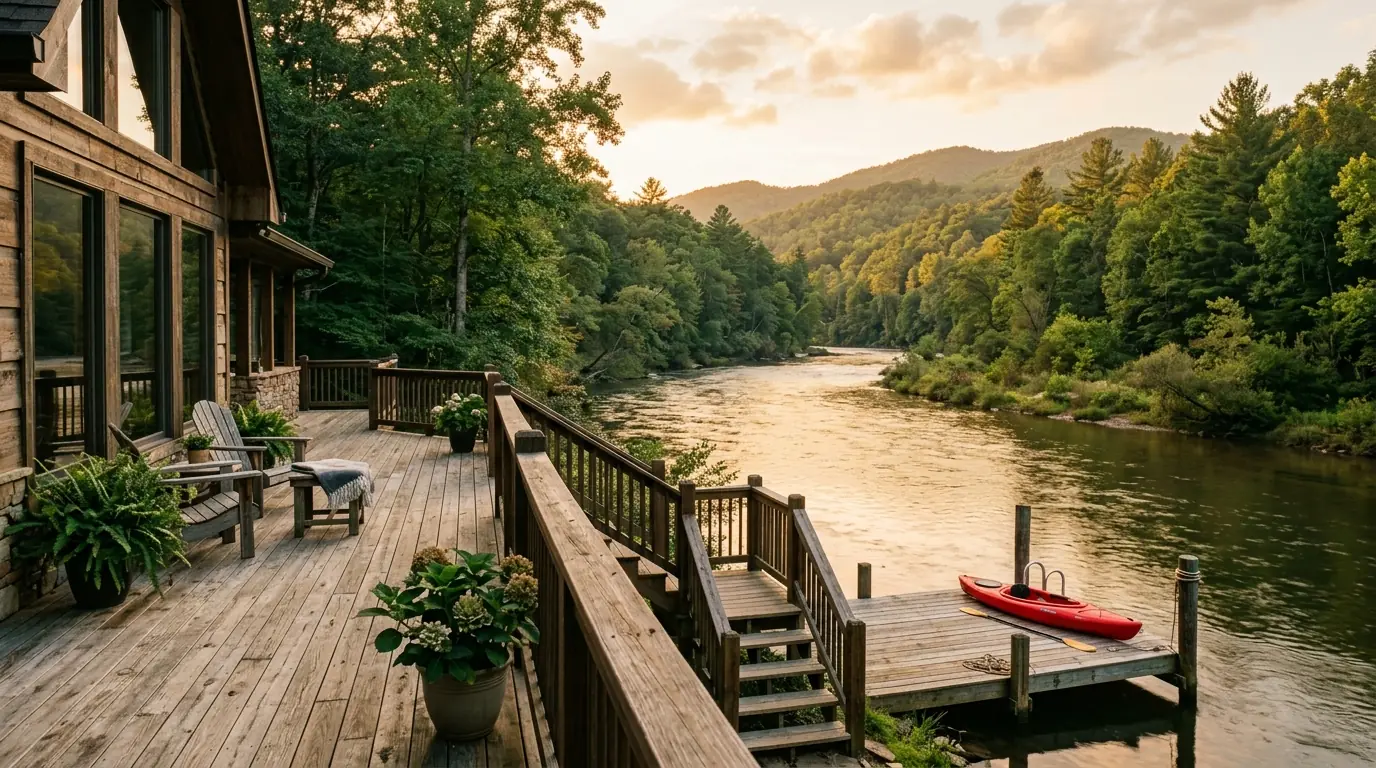 A riverside home's expansive wooden deck overlooks a tranquil river flowing past forested land, with a kayak resting near a private dock