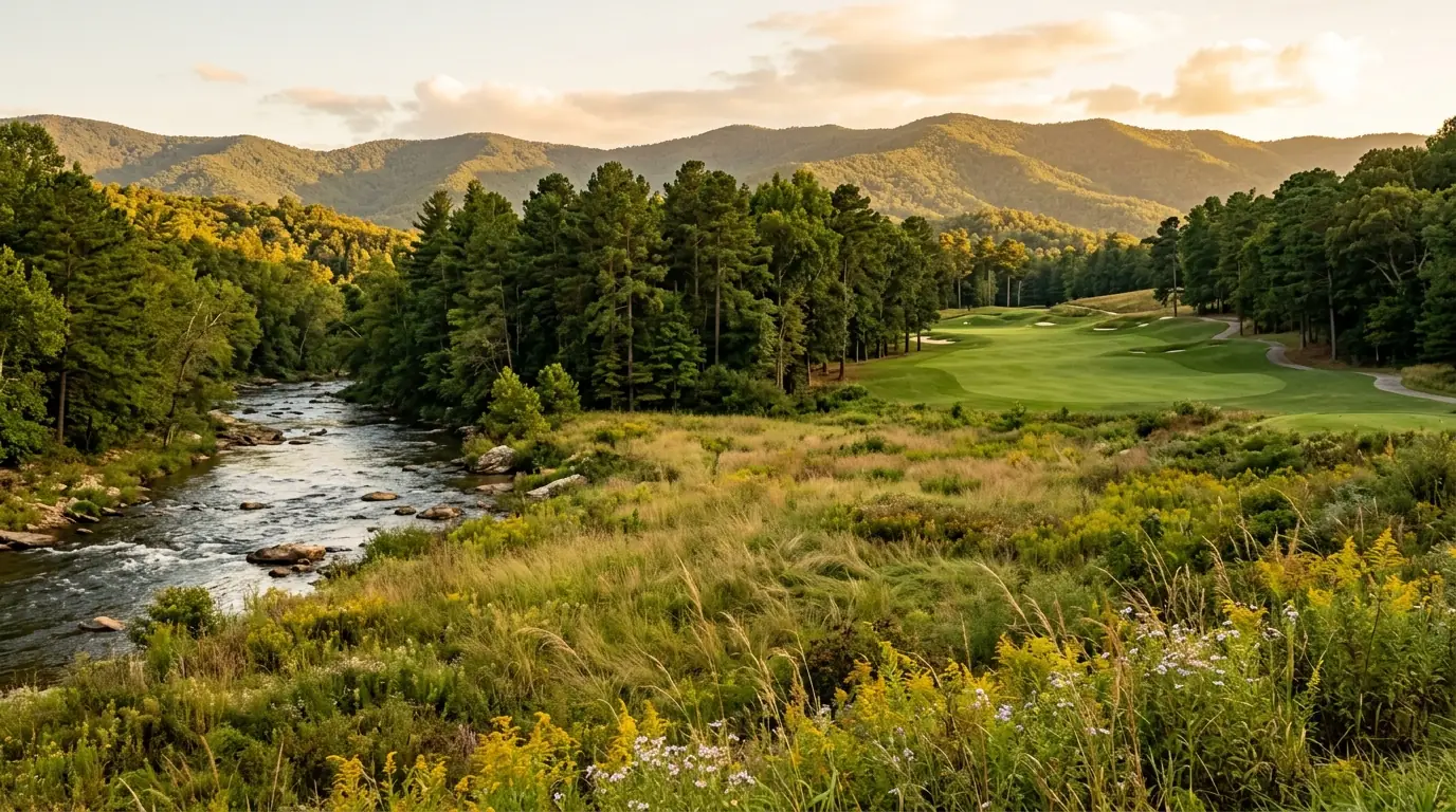 An undeveloped grassy meadow bordered by a flowing river, with a manicured golf fairway visible just beyond a line of pine trees