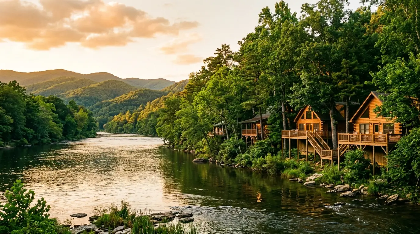 A sunlit river flows past elevated wooden houses with decks nestled along a lush, densely forested shoreline framed by rolling green hills