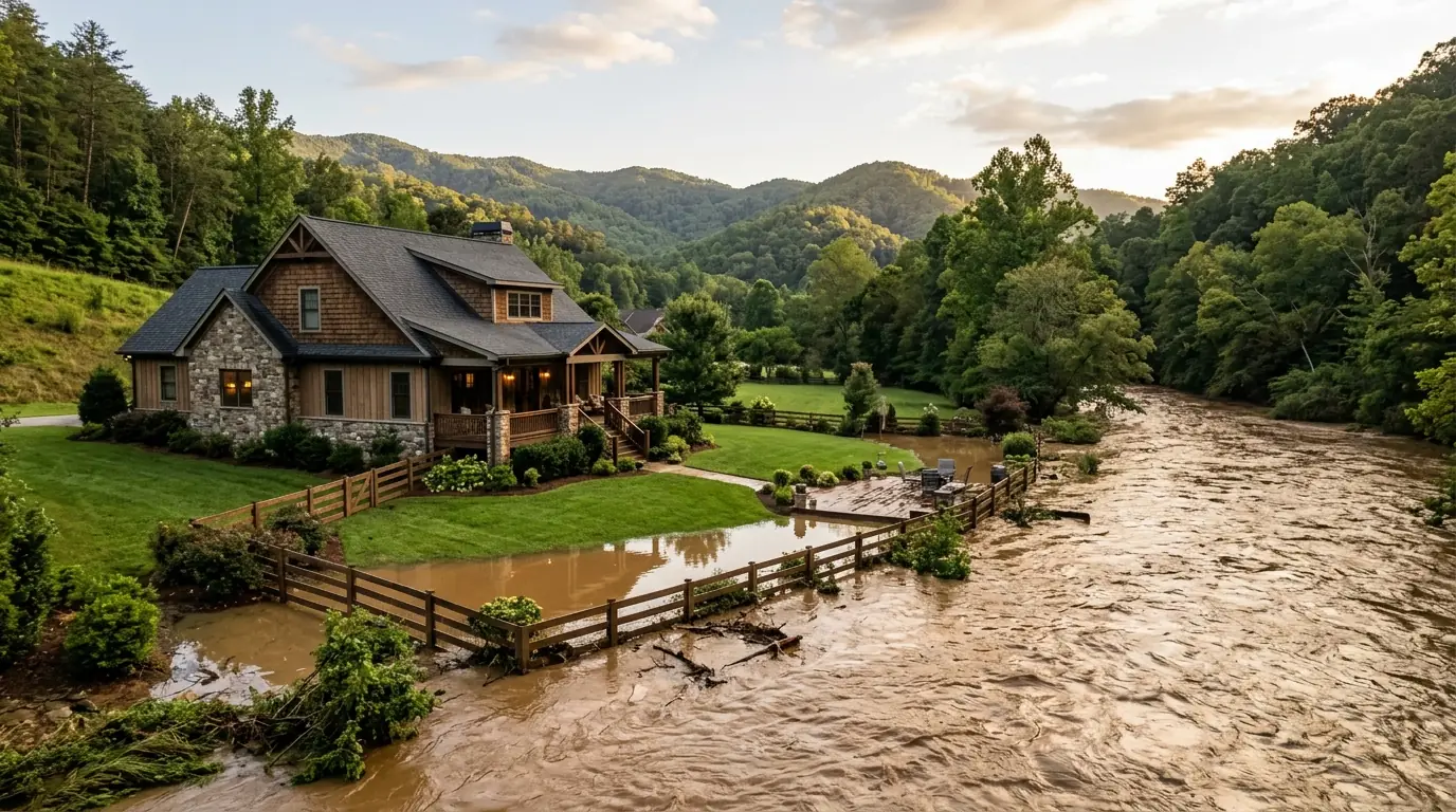 A picturesque residential home sits near a swollen, muddy river, with high water visibly encroaching onto the manicured backyard lawn