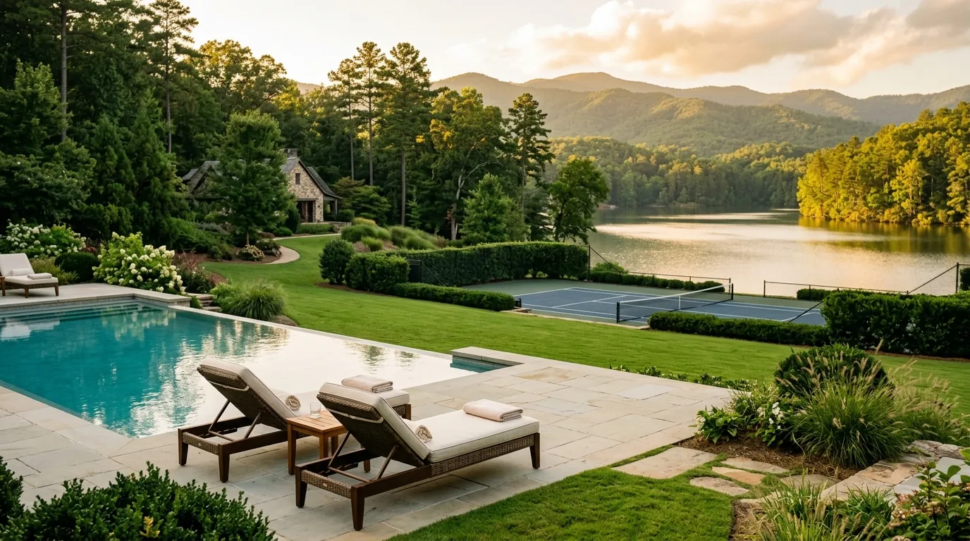 Empty sun loungers beside a pristine swimming pool, with a manicured lawn, tennis court, and calm lake visible in the background