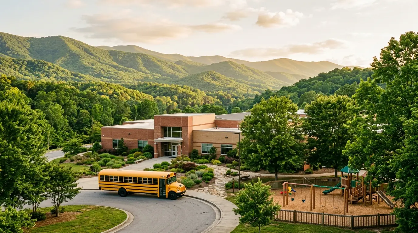 A yellow school bus parked outside a modern brick school building framed by rolling green hills, lush trees, and a sunlit playground