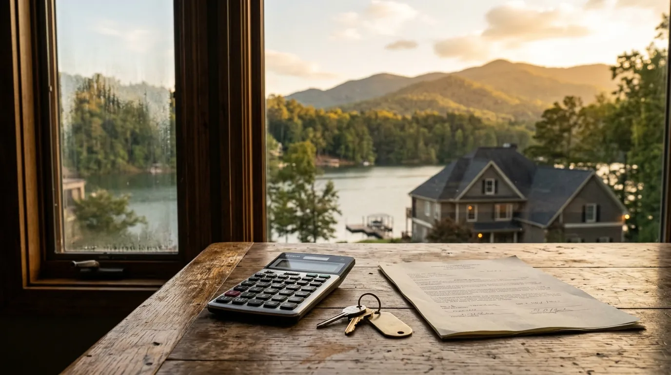 A calculator, house keys, and a property tax document rest on a wooden table beside a window overlooking a suburban lakeside home
