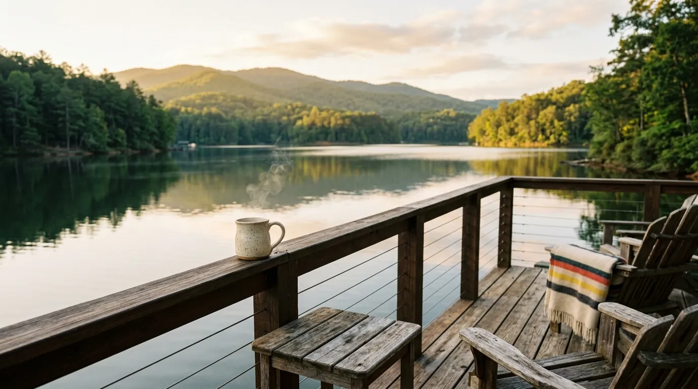 A wooden deck with a steaming mug overlooks calm, tree-bordered lake waters glowing softly in the morning light