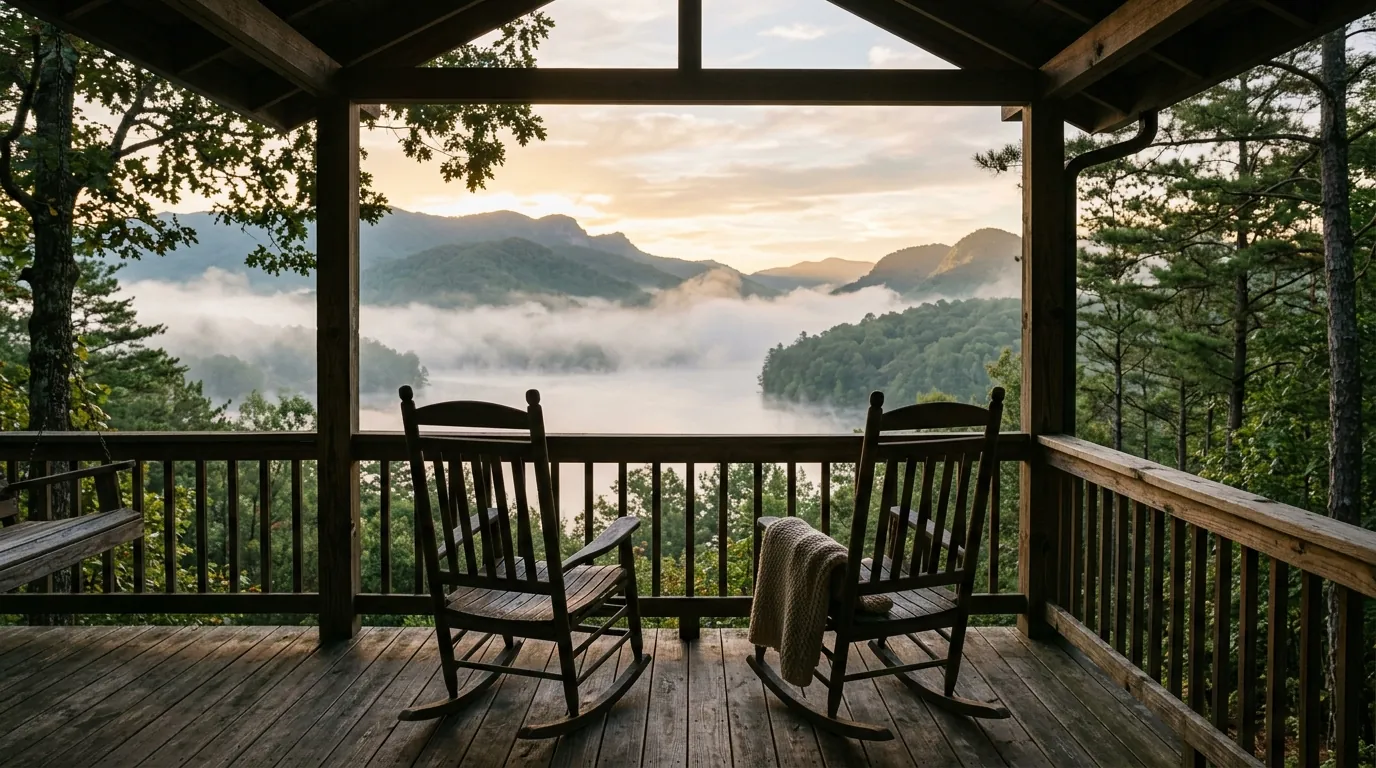 A quiet wooden porch with two empty rocking chairs overlooking a mist-covered lake framed by distant, tree-covered rolling hills at sunrise