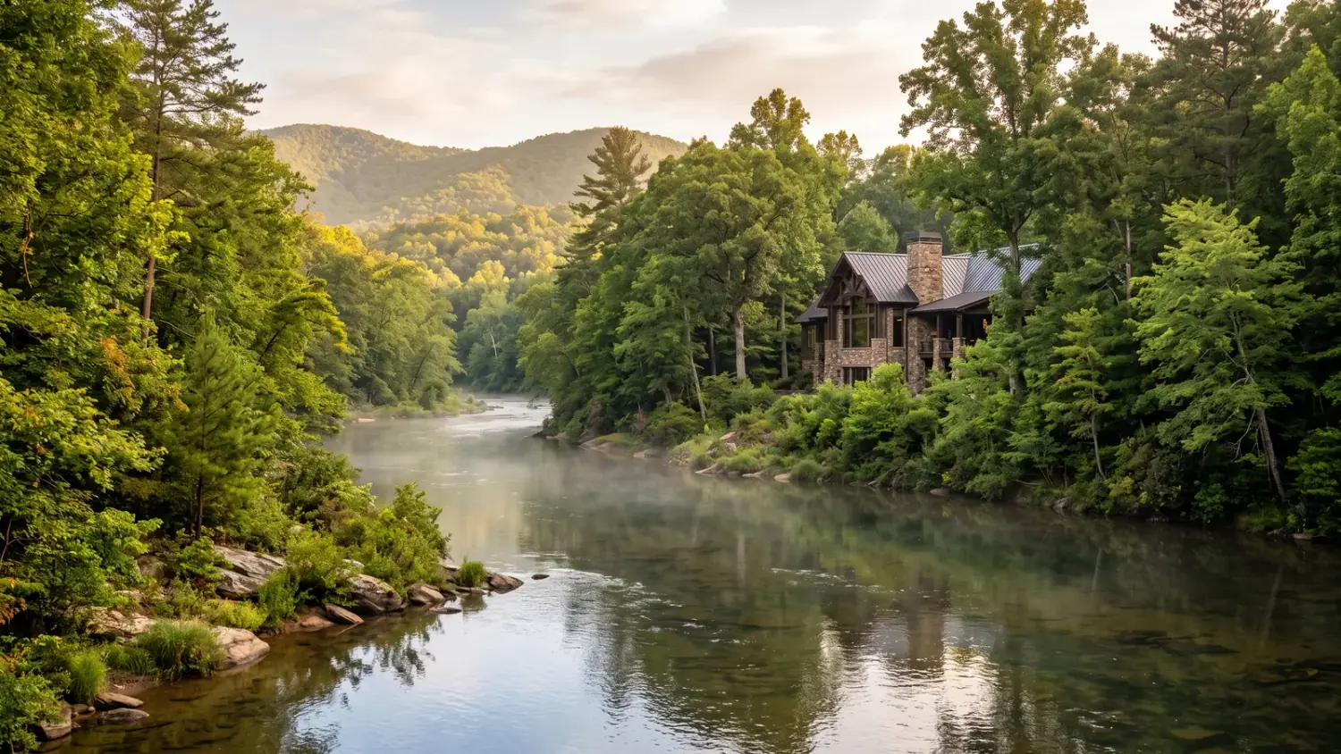 The Chestatee River winding through a forested North Georgia valley at golden hour, with a timber-and-stone home among the trees