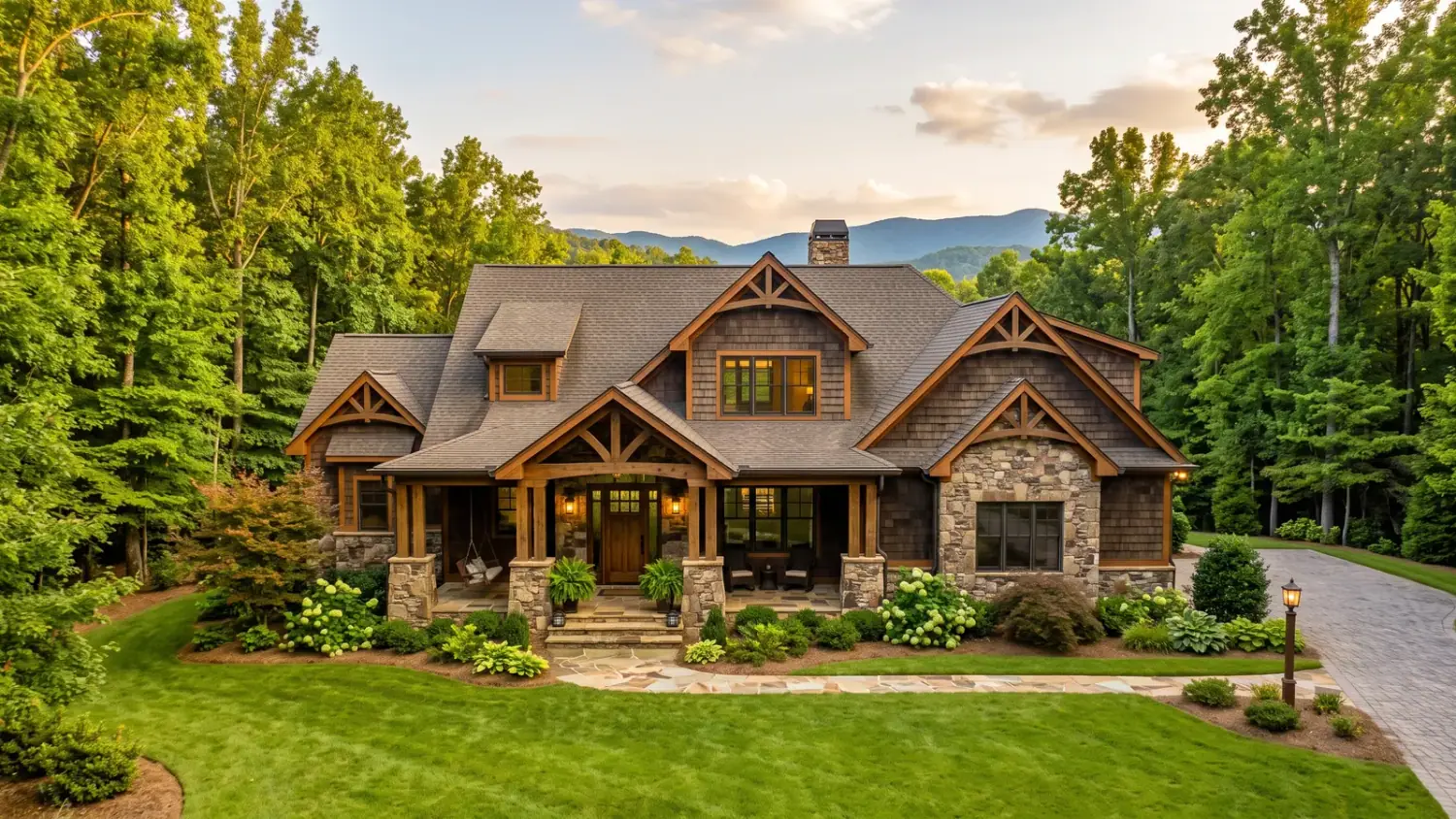 Established Chestatee-area home exterior with mature Southern hardwoods, warm daylight on stone and shingle surfaces, and a slice of North Georgia mountain ridge behind the roofline