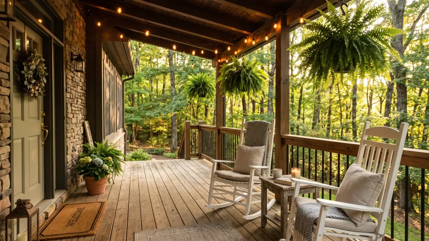 A covered front porch with rocking chairs overlooking a wooded North Georgia lot