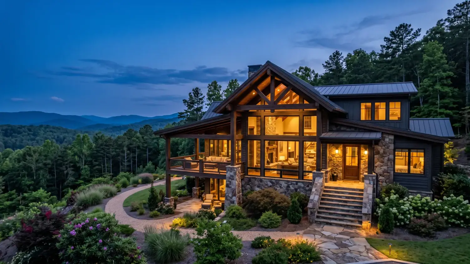 Chestatee community entrance and mature Southern hardwood tree canopy at soft daylight with a slice of North Georgia mountain ridge visible in the distance