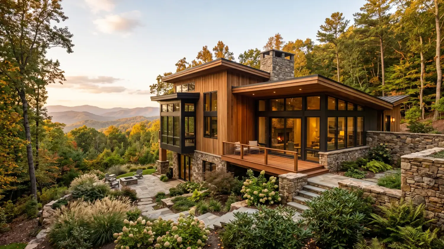 A contemporary mountain home with large glass windows in a North Georgia forest at golden hour