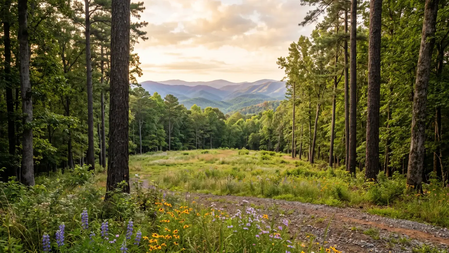 A wooded acreage homesite with tall pines and layered Blue Ridge mountain views