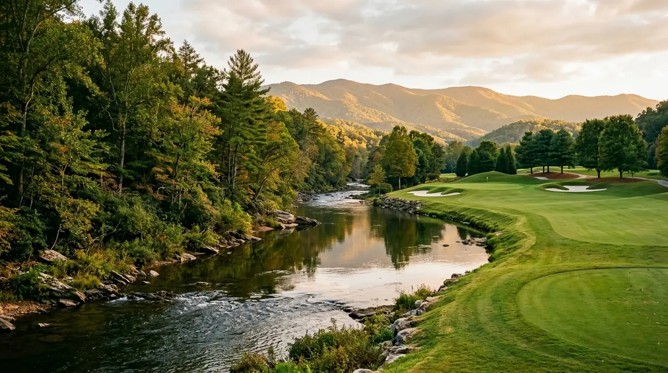 A serene river flowing past a wild forest shoreline on one side and a manicured, sunny golf fairway on the other