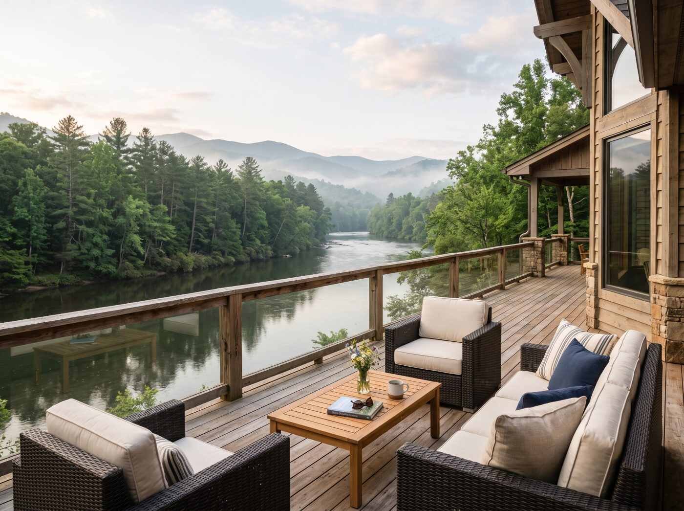 A wooden deck with modern outdoor seating overlooking a calm, forested North Georgia river and misty mountains in soft morning light.