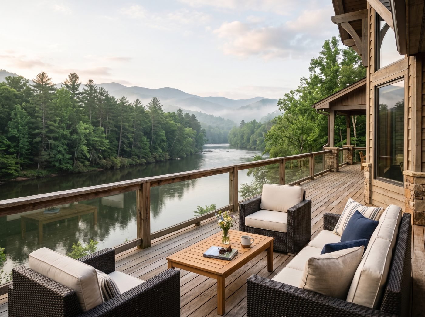 A wooden deck with modern outdoor seating overlooking a calm, forested North Georgia river and misty mountains in soft morning light.