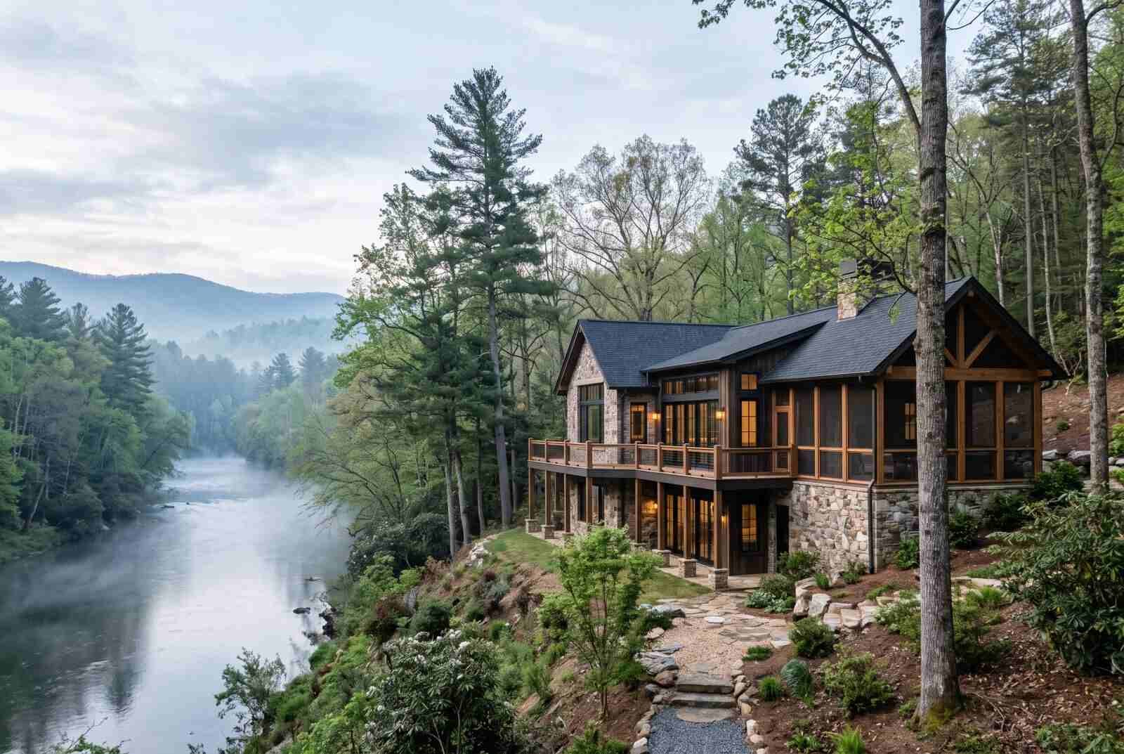 A stone-and-timber North Georgia home with a covered deck on a wooded bluff above a calm, mist-covered river, with forested Blue Ridge foothills in the distance at dawn.