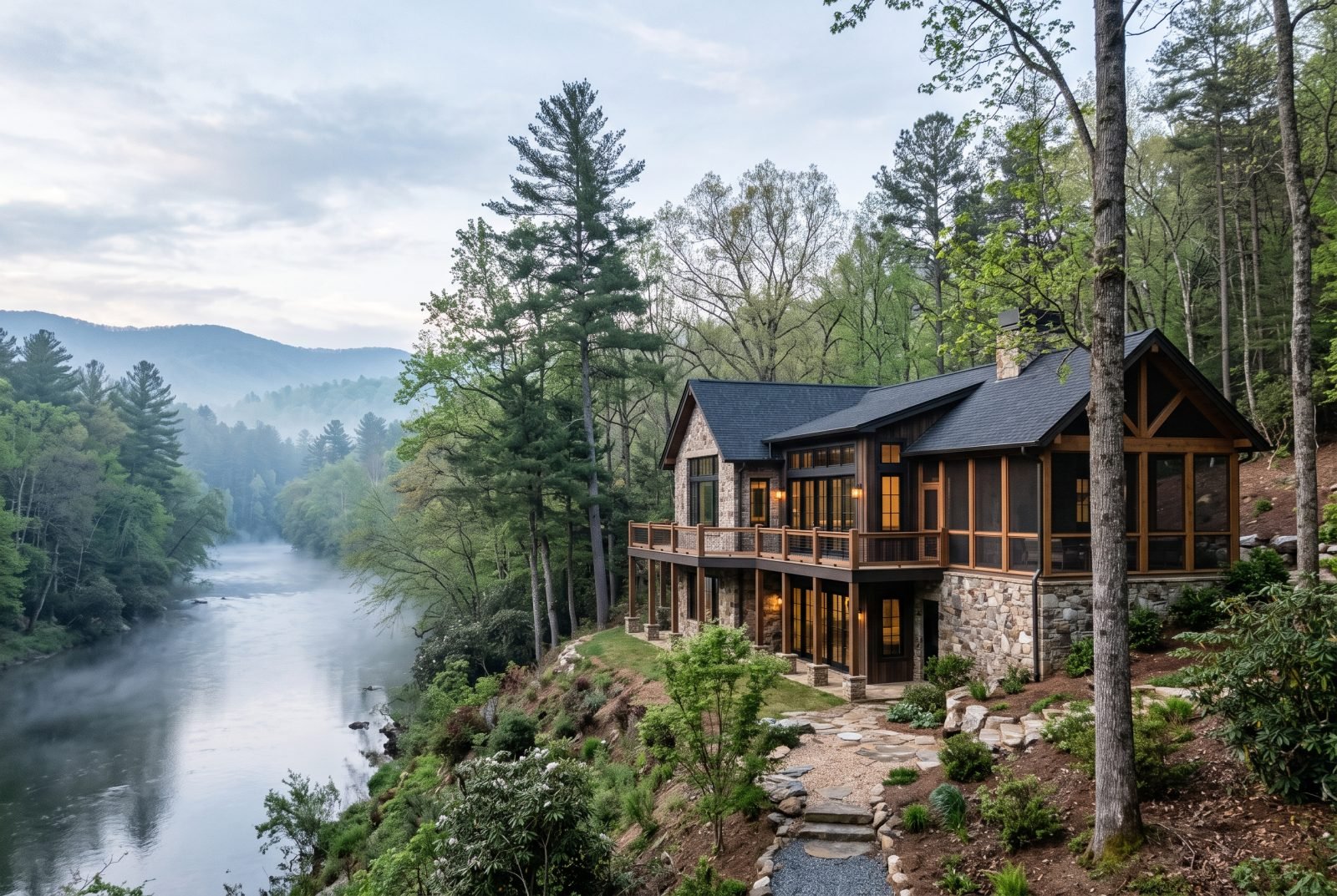 A stone-and-timber North Georgia home with a covered deck on a wooded bluff above a calm, mist-covered river, with forested Blue Ridge foothills in the distance at dawn.