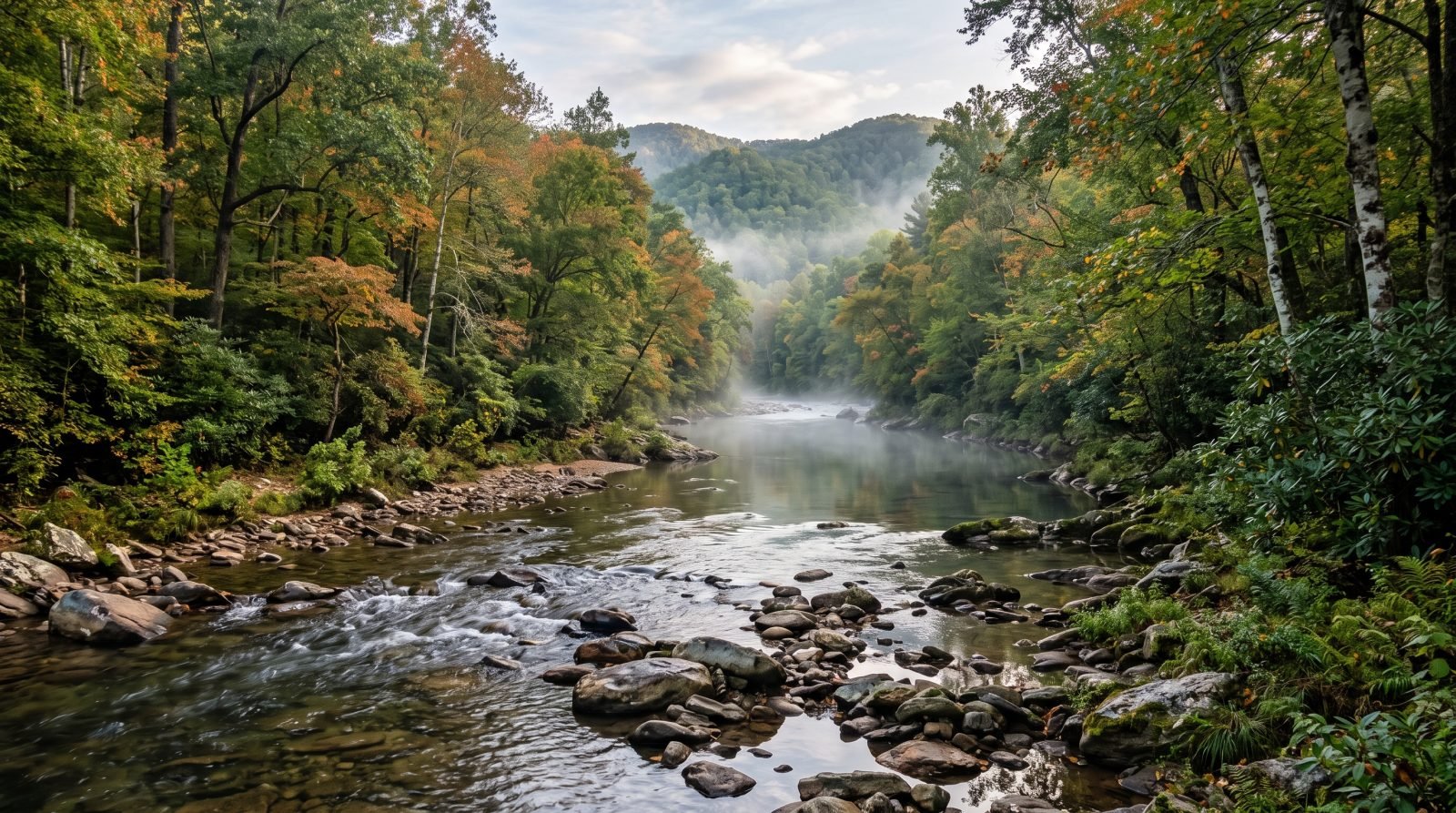 The Chestatee River flowing over smooth rocks and shoals through a forested North Georgia gorge, with morning mist rising off the water and a wooded ridge beyond.