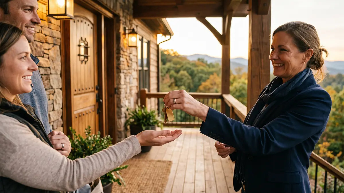 A REALTOR handing keys to home buyers on the porch of a North Georgia mountain home