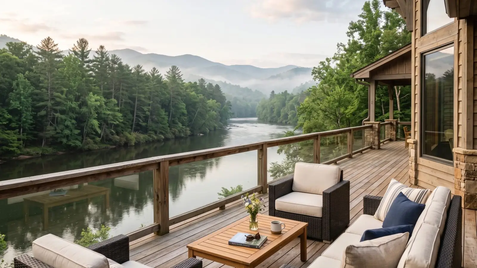 A covered deck overlooking a North Georgia river valley at golden hour