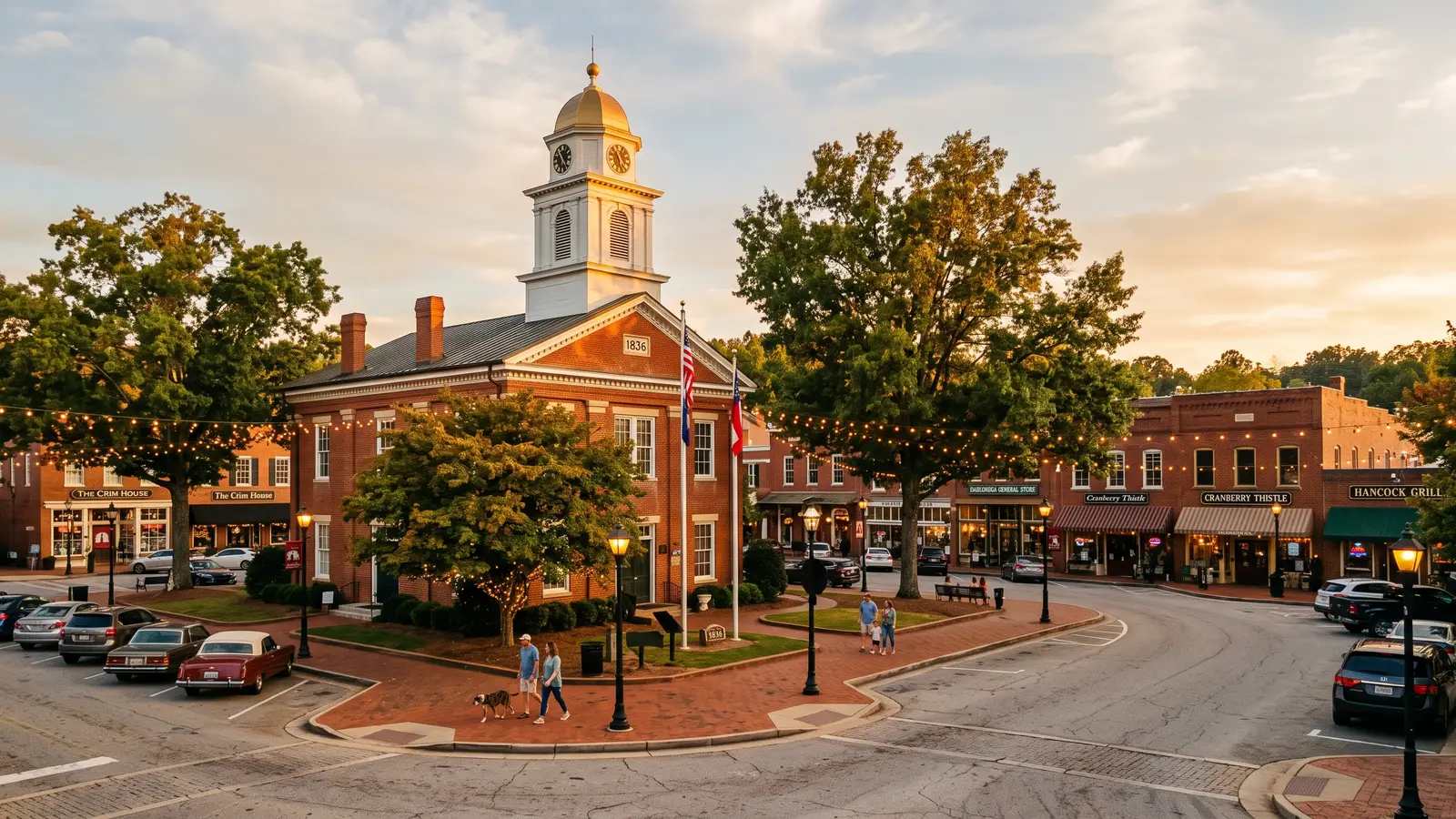 The historic downtown Dahlonega, Georgia town square with the gold-domed courthouse at golden hour