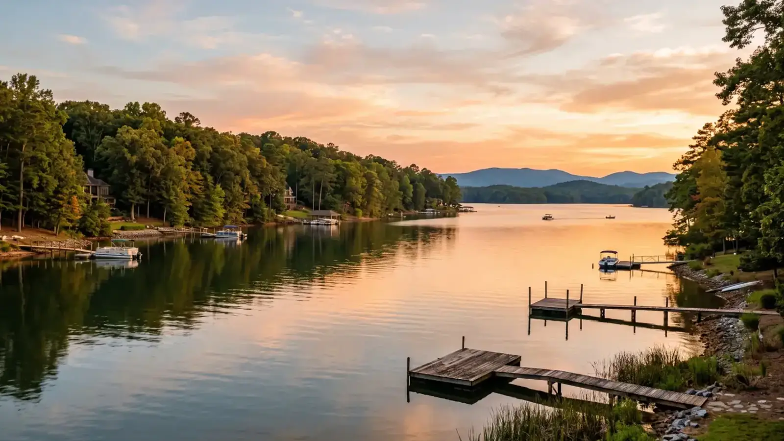 Lake Lanier at golden hour with a dock and forested shoreline near Gainesville, Georgia