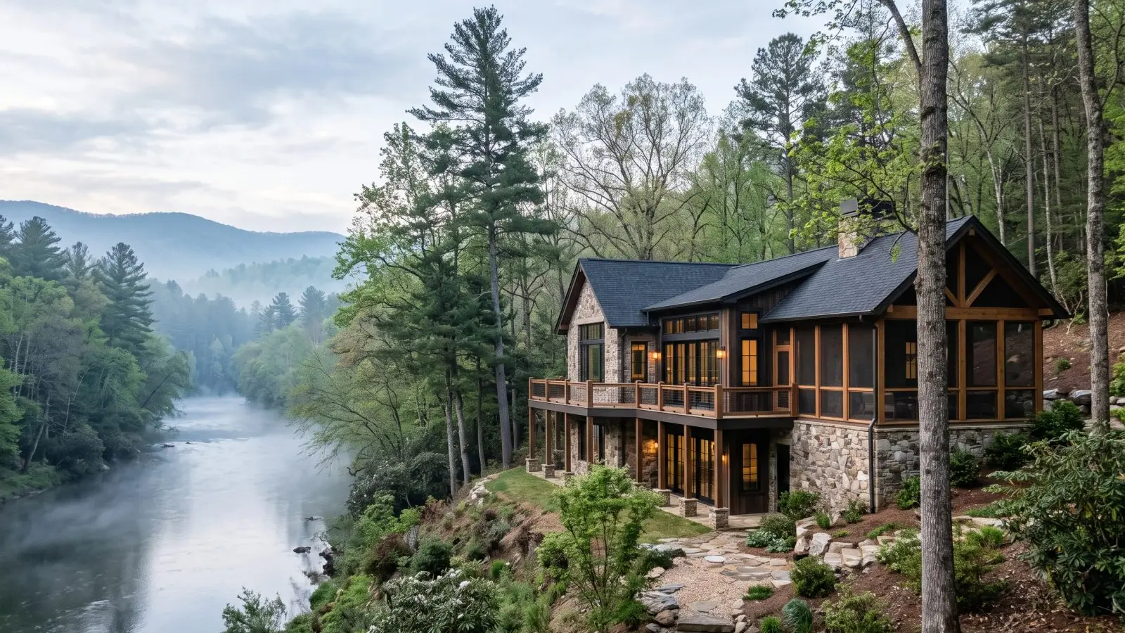 A craftsman mountain home with a covered porch in the North Georgia foothills at golden hour